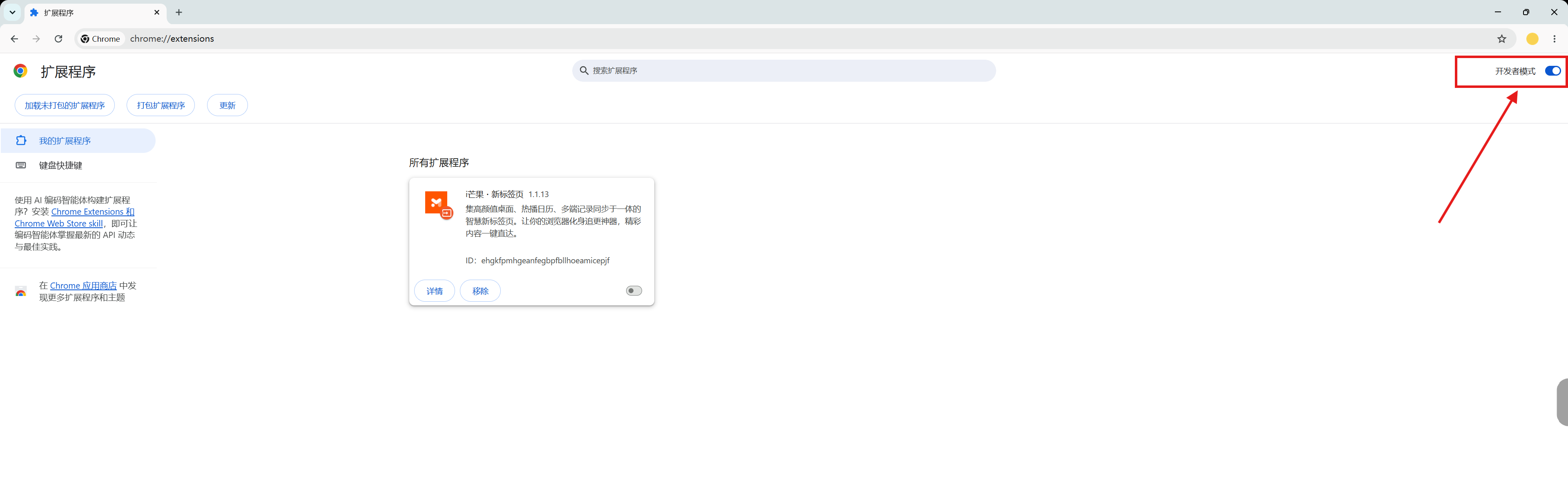 浏览器扩展程序页面的开发者模式开关,截图以 Google Chrome 为例
